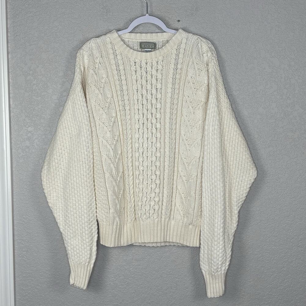Vintage Men’s Sweater Cable Knit Fisherman 90s Chunky Cotton Ivory Size L